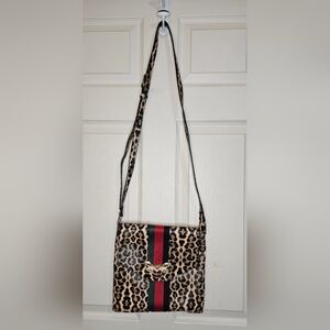 Leopard Print “Queen Bee” Crossbody Bag | Rhinestone Bee | Red & Green Stripe